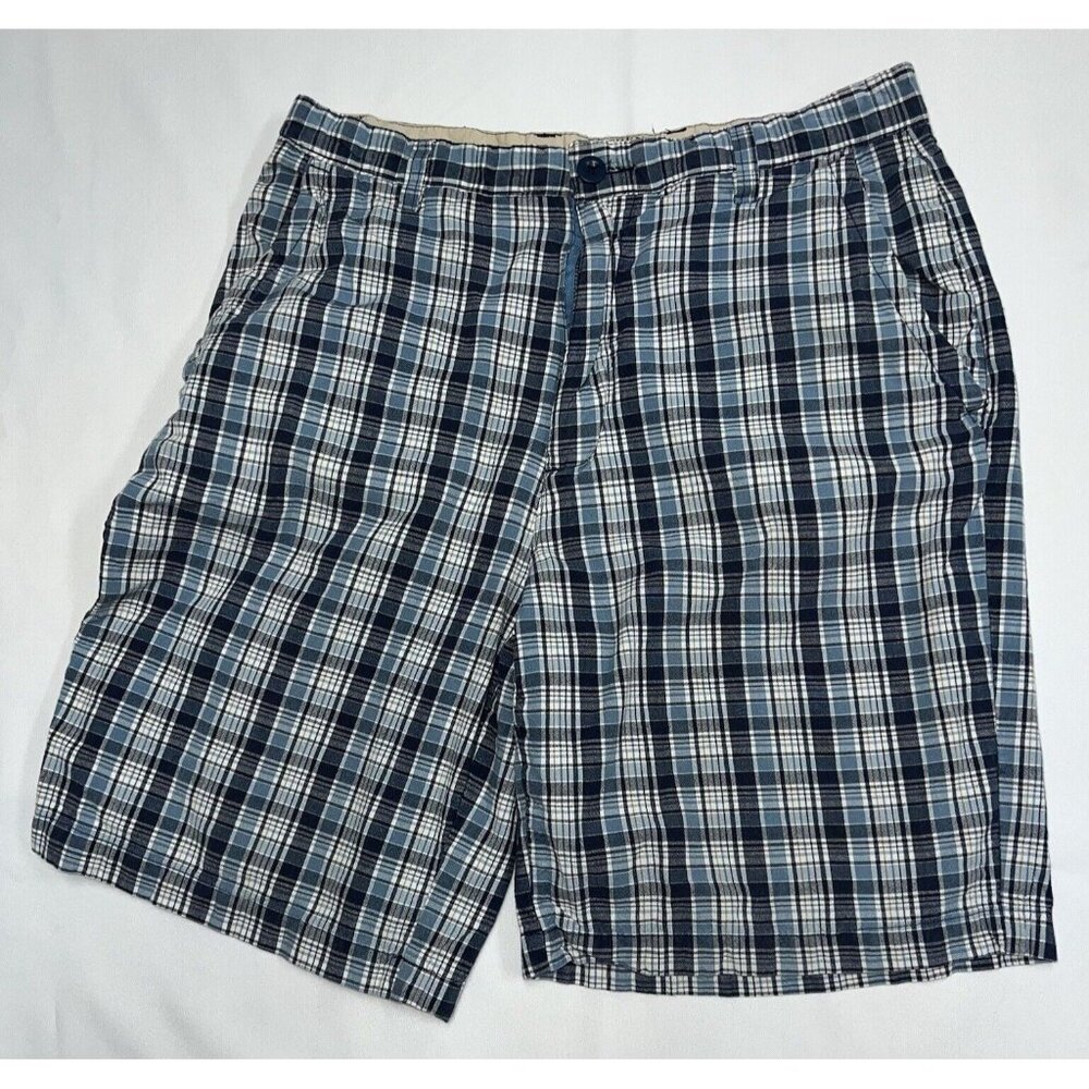 Consensus Shorts Mens Size 32 Blue Plaid Classic Chino Cotton Casual Preppy 8.5"